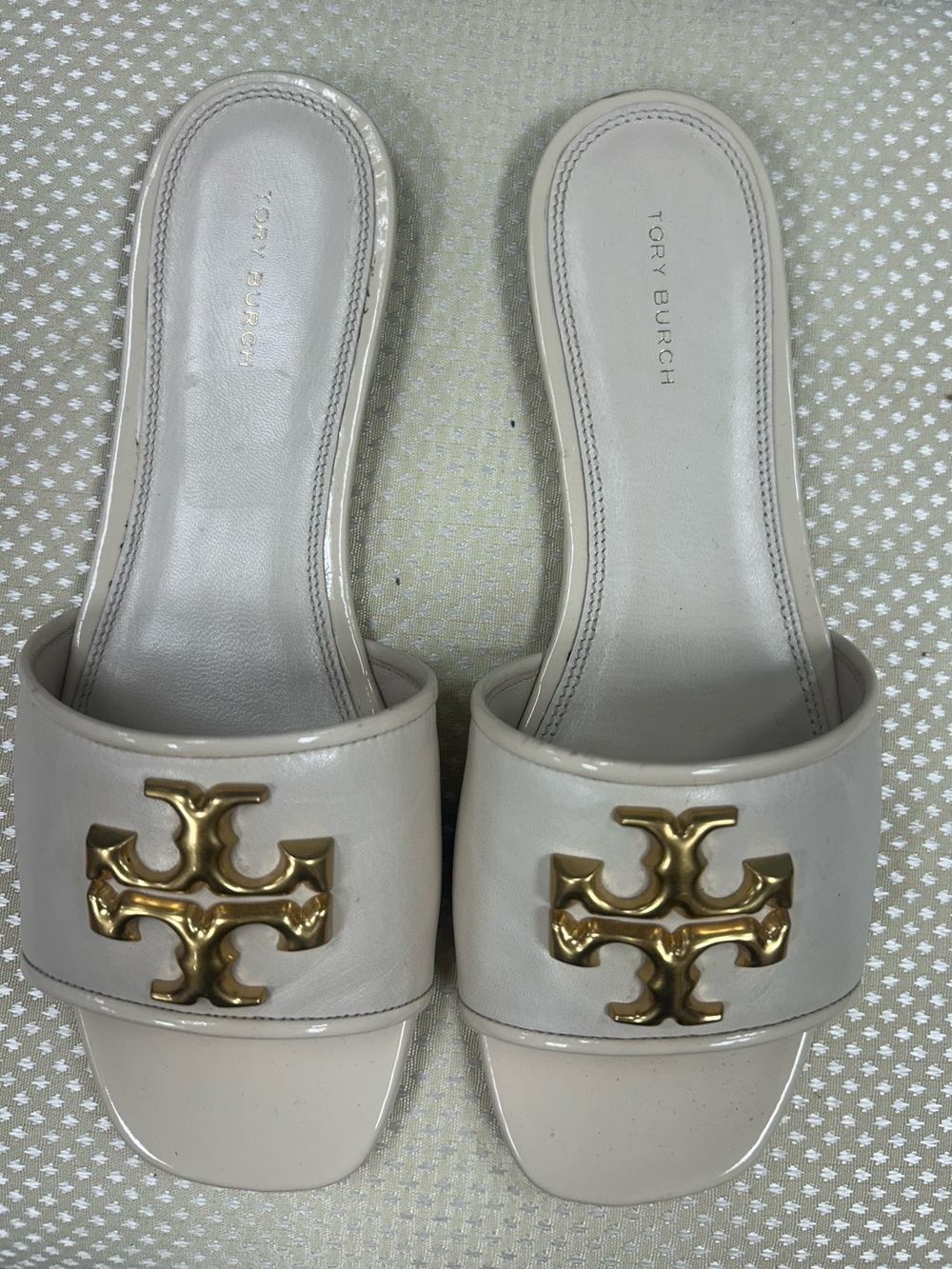Tory Burch Cream Ivory Leather Slide Mules with Gold Logo size 8